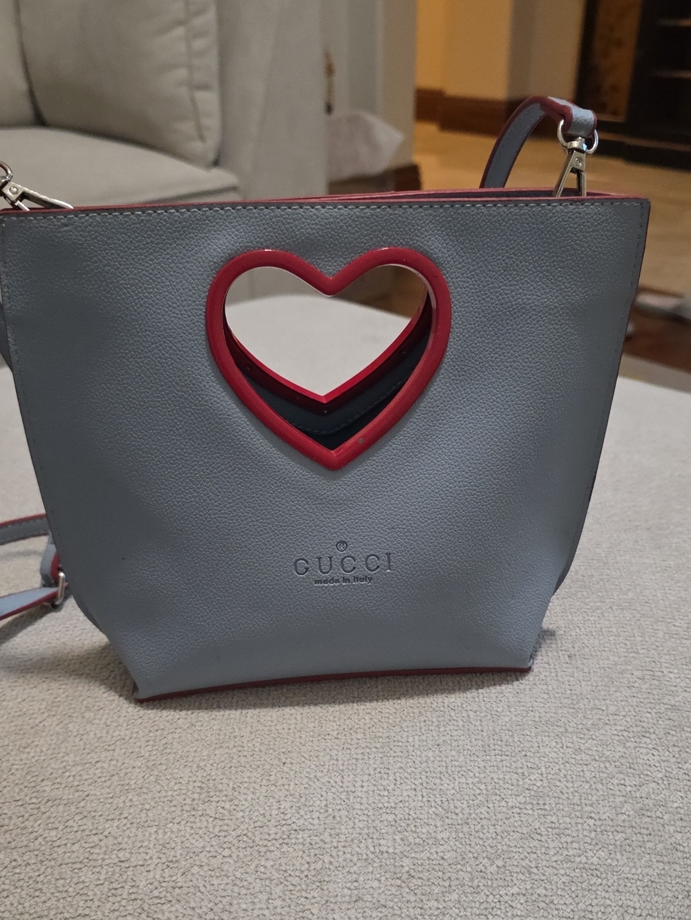 GG Inspired Light Blue Crossbody Bag with Red Heart Cutouts